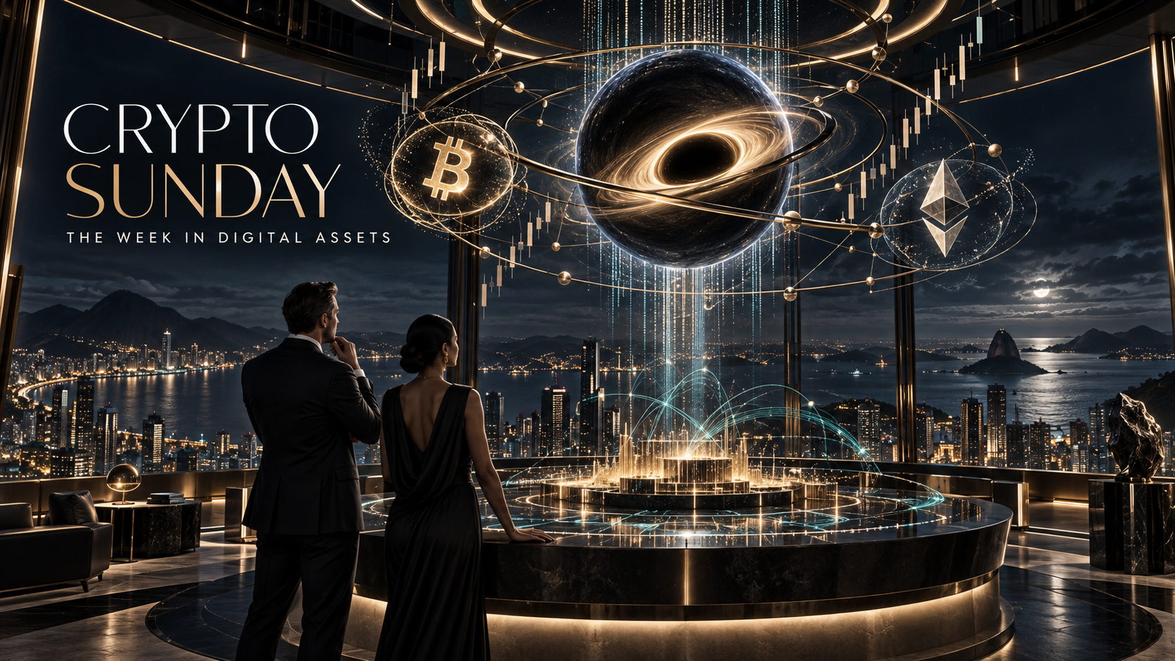 An editorial Crypto Sunday scene connecting digital assets, global liquidity and week-ahead market intelligence.