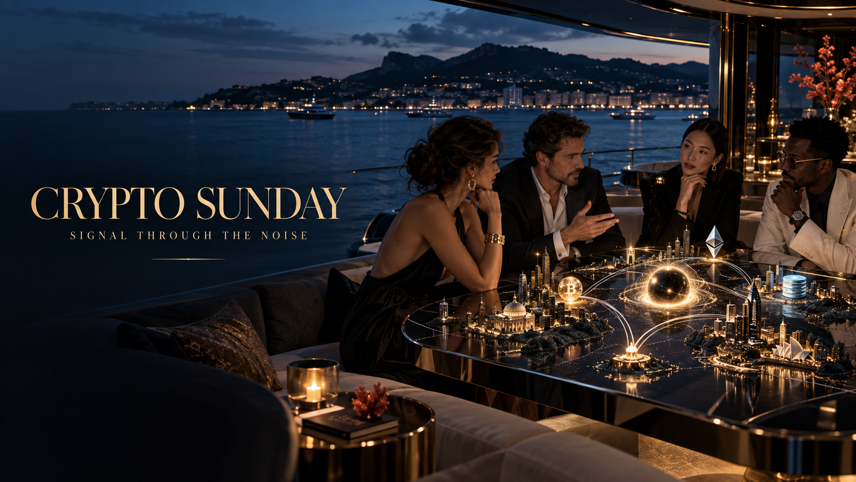 An editorial Crypto Sunday scene connecting digital assets, global liquidity and week-ahead market intelligence.