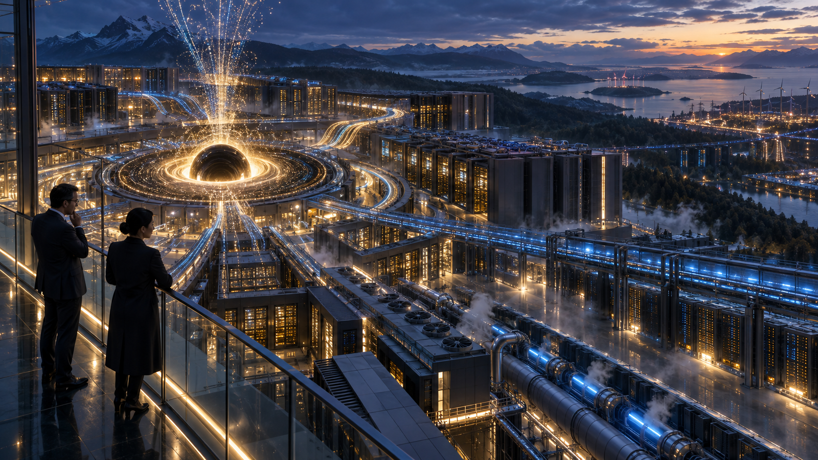 Two technology strategists overlook a vast cloud data-centre campus where a luminous black-hole intelligence core feeds storage, fibre, cooling and power infrastructure.