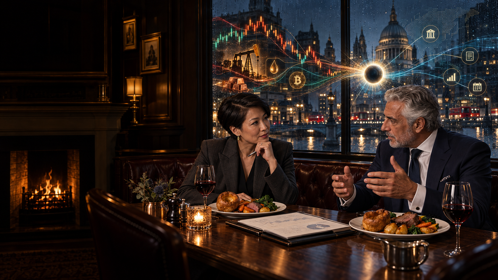 Two senior market professionals discuss the volatile week over Sunday dinner as oil, Bitcoin, equity swings and the week-ahead calendar flow through the TradingFloor AI intelligence orb above rainy London.