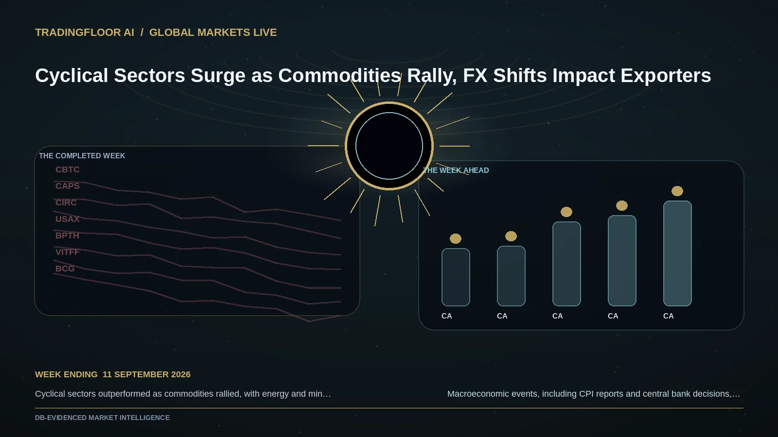 Two experienced market professionals, Elena Marquez and Rajiv Patel, analyze commodity prices and FX rates in a glass-and-brass observatory above a dark tidal river at golden dawn.