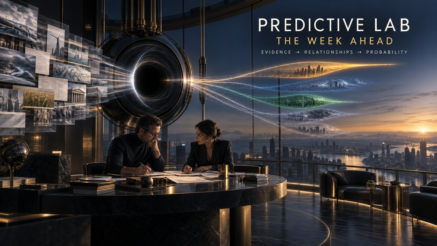 Predictive Lab — The Week Ahead. Two strategists pass evidence through a black-hole research lens into several probability paths for the coming week.